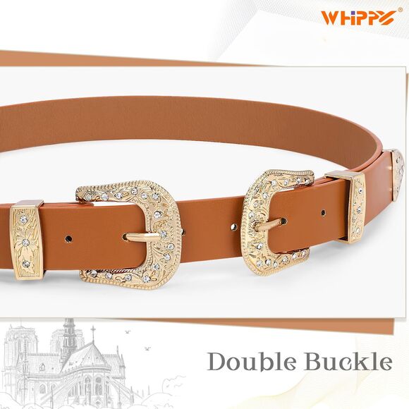 8937 Vintage Western Leather Belt For Women Double Buckle Retro Cowgirl main image 4